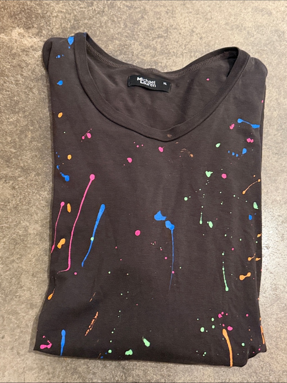 Michael Lauren Black Tee with Neon Splatter Accents ~ XL